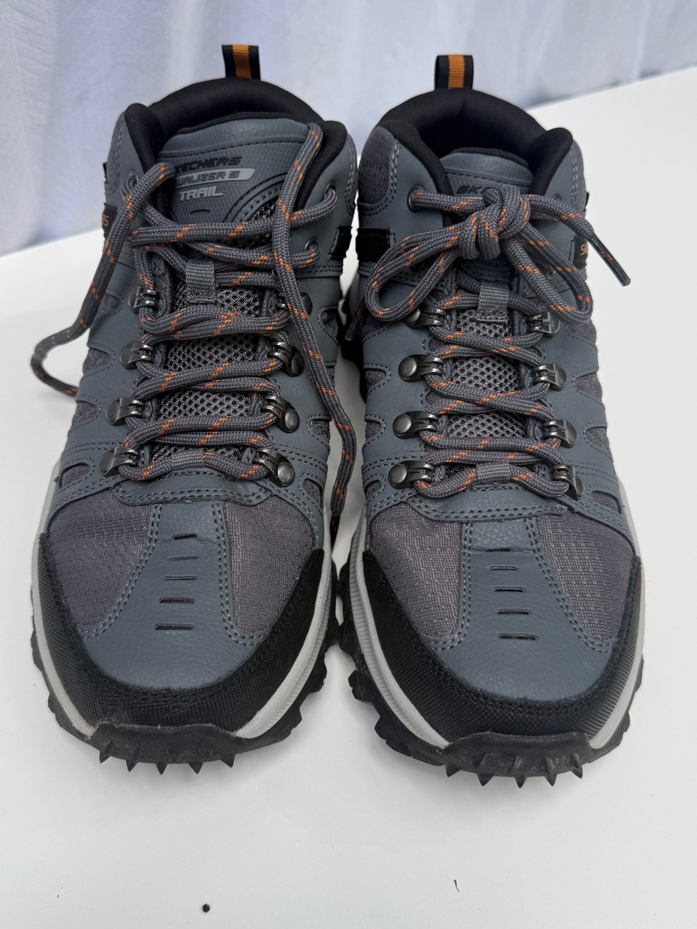 Skechers Men's Gray and Black Trail Sneakers with Orange Accents size 7